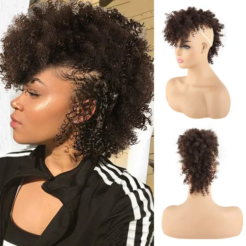 Miniatura 10 de KRSI Cola de caballo de pelo alto afro con flequillo, moño sintético rizado Mohawk Kinkys rizado cola de caballo con clip en colas de caballo