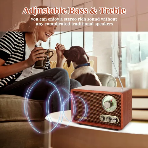 Miniatura 5 de LoopTone Radio vintage AM FM multifunción USB SD con altavoz Bluetooth, radio de mesa de madera retro para cocina, sala de estar con perilla