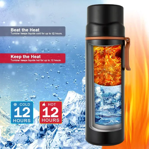Miniatura 5 de Botella de agua aislada, taza de café al vacío de acero inoxidable con asa, taza de viaje deportiva de doble pared con tapa a prueba de fugas