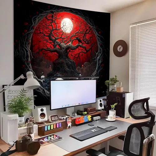Miniatura 4 de Atrippy Tapiz de anime negro y rojo de Halloween, para colgar en la pared, diseño gótico de luna de bosque oscuro, calavera, árbol marchito