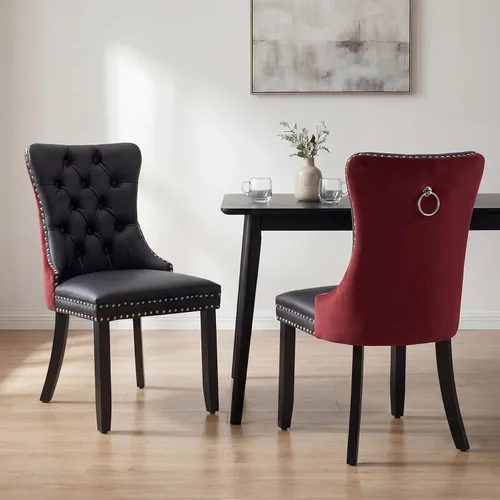 Miniatura 51 de OVENTA Juego de 4 sillas de comedor modernas tapizadas copetudas, terciopelo negro y gris y cuero con patas de madera maciza, sillas de cocina