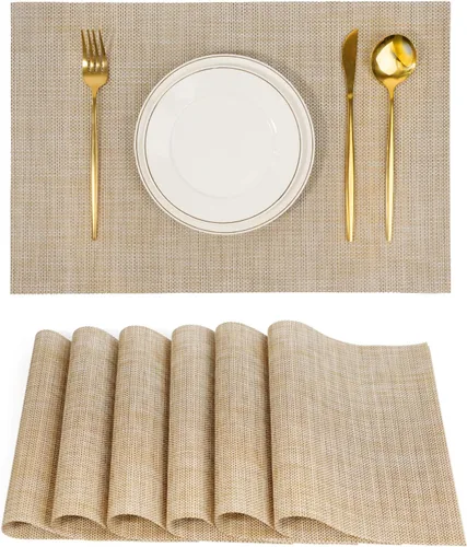 Juego de 6 manteles individuales, antideslizantes, tejido de PVC, fáciles de limpiar, resistentes al calor, para cocina, comedor, decoración Beige