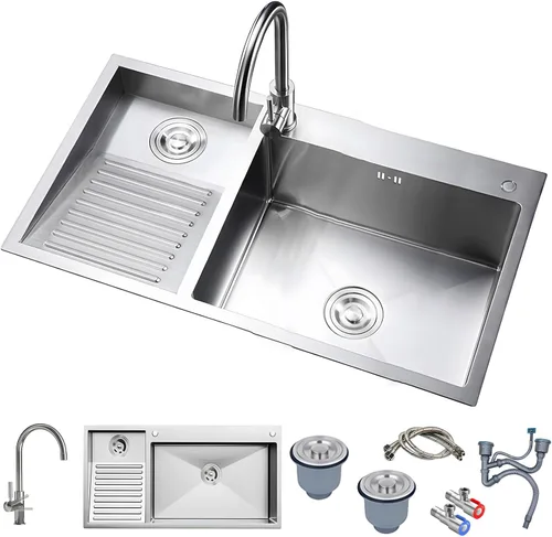 Miniatura 8 de Fregadero Utilitario de Lavandería con Tabla de Lavar, Fregadero de Cocina de Acero Inoxidable de Doble Tazón, Fácil de Limpiar, para Casa, Piscina