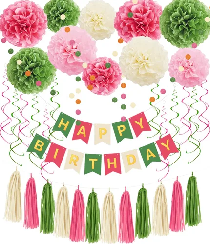 Decoraciones de cumpleaños rosa y verde para mujeres y niñas, pompones de papel de seda, pancarta de feliz cumpleaños, borla de papel, guirnalda