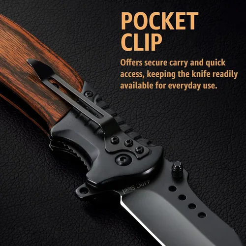 Miniatura 9 de Cuchillo de bolsillo para hombres con mango de madera, rompedor de vidrio y clip de bolsillo, hoja afilada de 3.66 pulgadas, cuchillos plegables 1.