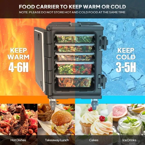 Miniatura 3 de ROVSUN Caja Calentadora de Alimentos, Porta Comida Aislada con Ruedas Bloqueables Dobles Hebilla y Asas, Cajas Calientes Apilables para Restaurante