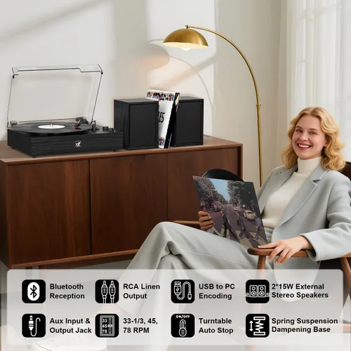 Miniatura 7 de Tocadiscos Bluetooth con altavoces externos tocadiscos de transmisión por correa para discos de vinilo, altavoces estéreo duales, reproductores LP