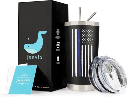 Miniatura 2 de Thin Blue Line - Vaso de policía Taza de viaje de acero inoxidable que incluye 2 tapas, 2 pajillas, caja de regalo para taza de café, correccional
