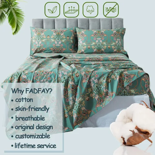 Miniatura 3 de FADFAY - Juego de sábanas de algodón percal de 4 piezas, sábana bajera con esquinas profundas, suaves, frescas, Matrimonial, estampado floral verde