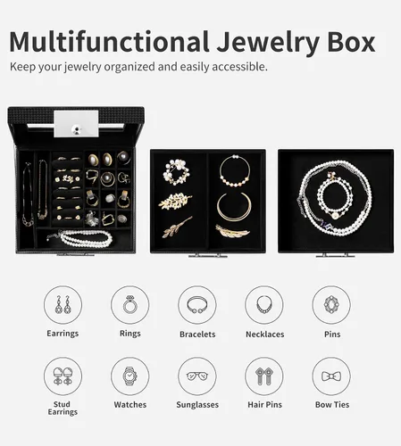 Miniatura 5 de Oyydecor Joyero con tapa de cristal, organizador de joyas de piel sintética de 3 niveles para mujer con 2 cajones, estuche de joyería de maquillaje