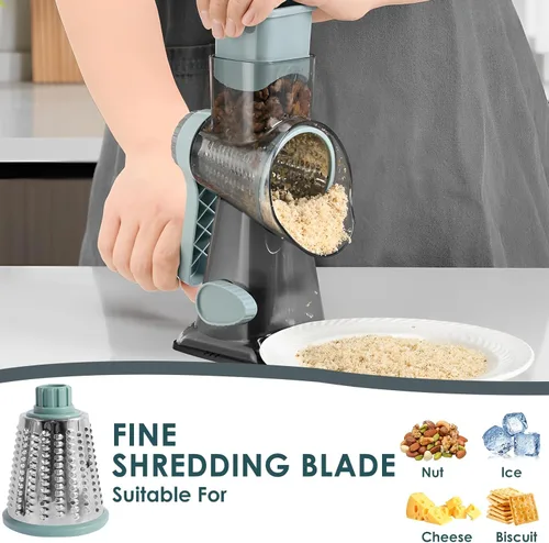 Miniatura 6 de Rallador de queso giratorio con asa, trituradora de 3 cuchillas de acero inoxidable, cortador manual de queso, ralladores de manivela para cocina