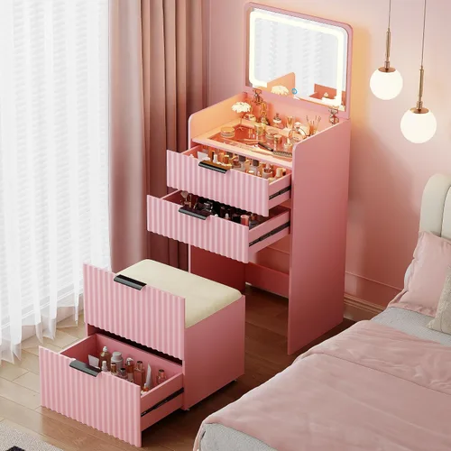 Miniatura 25 de Escritorio de tocador 3 en 1 con espejo abatible y luces, mesa de tocador de maquillaje con parte superior de vidrio con estación de carga, tocador