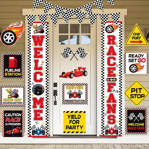Miniatura 10 de Decoración de fiesta de cumpleaños de coche de carreras, globos de automóvil de carreras con flecos de aluminio a cuadros, telón de fondo
