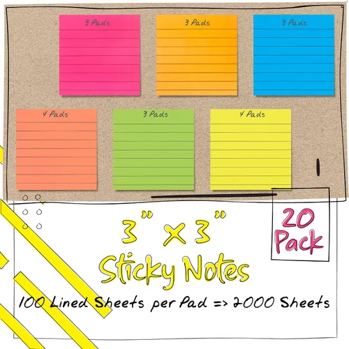 Miniatura 4 de Better Office Products Notas adhesivas forradas de 3 x 3, caja de 20 unidades, 2,000 hojas (100/bloc), notas autoadhesivas con líneas