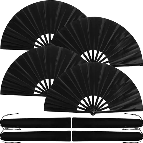 Blulu 4 abanicos plegables grandes para baile de línea, botas de mano de seda grandes para hombres y mujeres (estilo clásico, negro, 11 pulgadas)