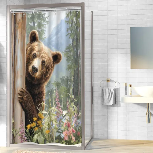 Miniatura 3 de Riyidecor Cortina de ducha de oso pequeño para decoración de baño, 36 pulgadas de ancho x 72 pulgadas de alto, caravana, mitad de vida silvestre