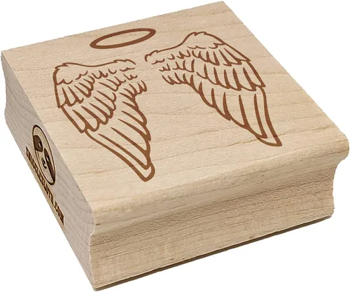 Alas de ángel plegadas con plumas de halo, sello de goma cuadrado para estampado de manualidades, 1.25 pulgadas, pequeño
