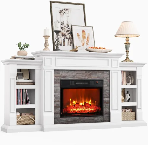 Chimenea eléctrica de 72 pulgadas con repisa, soporte de TV para televisores de hasta 80 pulgadas, moderno centro de entretenimiento con Blanco