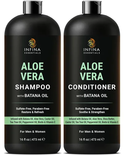 INFINA ESSENTIALS Juego de champú y acondicionador de aloe vera | 16 onzas líquidas cada uno | con aceite de batana | Fórmula hidratante, calmante y