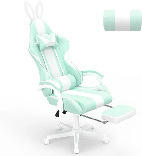Miniatura 11 de Ferghana Kawaii Bunny Ears - Silla de juegos con reposapiés y masaje, silla ergonómica de cuero para juegos de computadora para niñas, adultos, Rosa