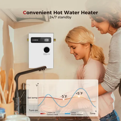 Miniatura 6 de CAMPLUX - Calentador de agua eléctrico sin tanque, 8 kW a 240 voltios, calentador de agua caliente instantáneo bajo demanda para punto de uso