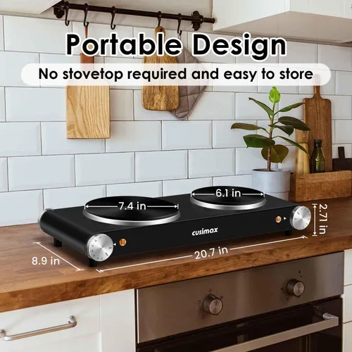 Miniatura 5 de Cusimax - Placa de cocción eléctrica de 1800 W, estufa eléctrica portátil para cocinar, hornalla doble, con control de temperatura ajustable