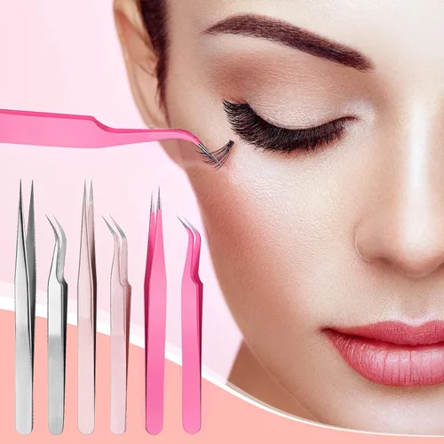 Miniatura 6 de Mudder 6 pinzas de pestañas de alta precisión para extensiones de pestañas, punta recta y curva, acero inoxidable para volumen de pestañas, Colorido