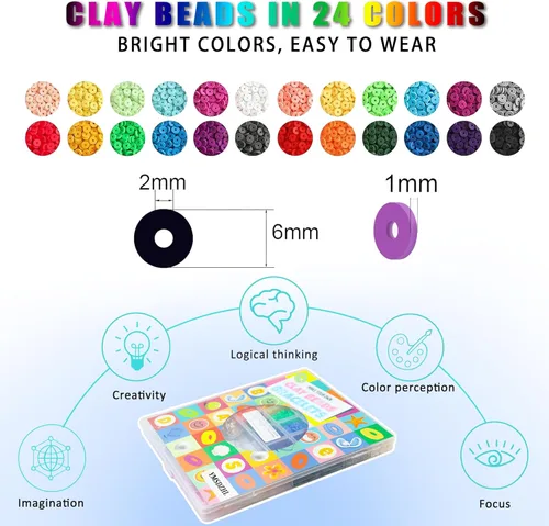 Miniatura 2 de YMSDZHL Kit de Fabricación de Pulseras con Más de 6000 Cuentas de Arcilla, 24 Colores de Cuentas Planas DIY Preppy para Hacer Joyas de Amistad