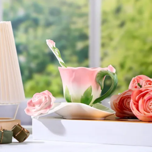 Miniatura 6 de Dandat Juego de tazas y platillos de té de rosas de cerámica con cuchara, taza y salsa en forma de flor de rosa, tazas de té de 6 onzas, taza