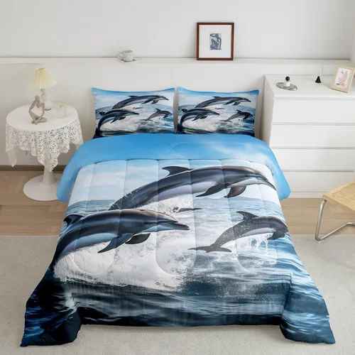 Miniatura 11 de Erosebridal Juego de edredón de ballena náutica, tamaño individual, juego de ropa de cama vintage azul con ondas oceánicas para niños y niñas