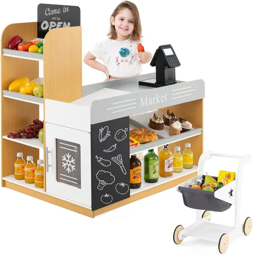Miniatura 10 de HONEY JOY Juego de Tienda de Comestibles para Niños, Tienda de Comestibles de Madera de Juego de Simulación con Carrito, Soporte de Caja