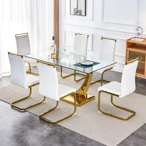 Miniatura 31 de Juego de mesa de comedor de 63 pulgadas para 4, juego de mesa de comedor dorado moderno para 4, juego de mesa de cocina de mármol sintético con negro