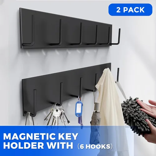 Miniatura 5 de 2 piezas de soporte magnético para llaves de pared, soporte magnético para llaves con 6 ganchos para puerta delantera de metal, soporte magnético