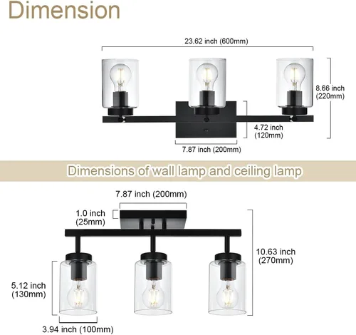 Miniatura 4 de 3 apliques de pared negros de luz para tocador de baño con pantalla de vidrio transparente, lámpara clásica con cabezal de luz giratoria, lámpara