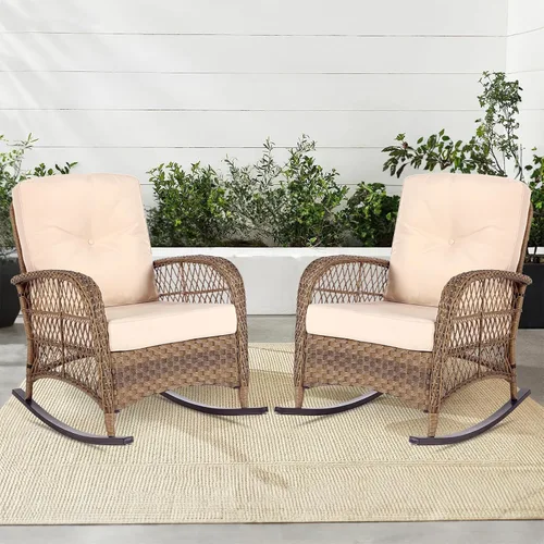 Miniatura 22 de MEETWARM Mecedora de mimbre para exteriores, sillas mecedoras de ratán para patio con cojines y respaldo alto, silla de mimbre para patio para todo