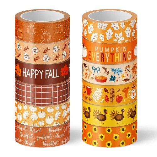 Miniatura 12 de Whaline 12 rollos de cintas Washi de otoño a cuadros naranja rojo búfalo cinta decorativa de otoño de color sólido de lunares con patrón de cinta