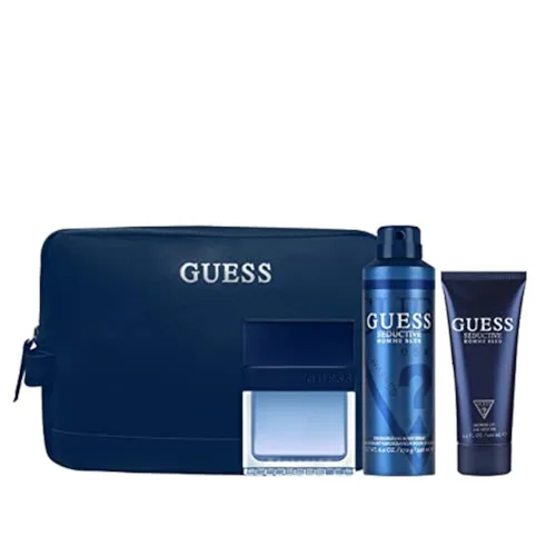 Guess Seductive Homme Blue - Spray EDT de 3.4 onzas, desodorante corporal de 6.0 onzas, gel de ducha de 3.4 onzas, bolsa de regalo de 4 piezas para