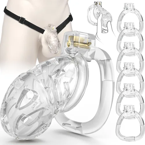 Miniatura 11 de Dispositivo de jaula de castidad masculina, jaula de silicona suave con 6 anillos de tamaño, correas ajustables, bloqueo de pene ligero, control