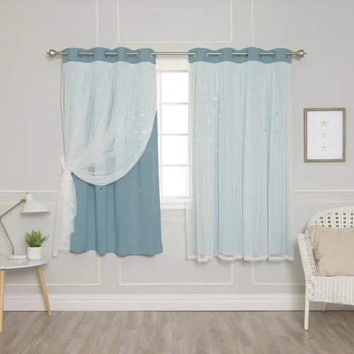 Miniatura 16 de Best Home Fashion Par de cortinas opacas con revestimiento de tul y corte láser, paneles de ventana con ojales plateados para dormitorio, habitación