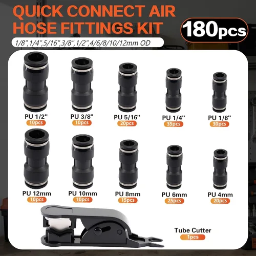Miniatura 2 de Kit de accesorios de aire de empuje para conectar, 180 piezas, imperial de 1/8", 1/4", 5/16", 3/8", 1/2" y métrico 4,6,8,10,12 in surtido neumático