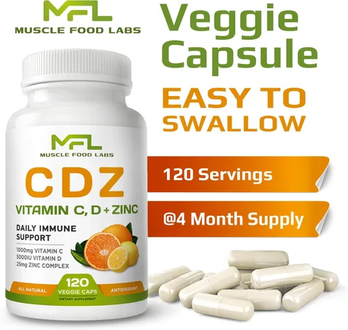 Miniatura 7 de C D Z Vitamina C, 1000 mg Vitamina D3, 125 mcg Zinc, 25 mg Sin OMG y sin gluten 120 cápsulas vegetarianas 120 porciones
