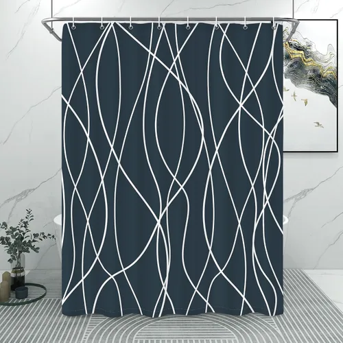 Miniatura 15 de Juego de cortinas de ducha azul egeo para baño con ganchos, cortinas de baño decorativas repelentes al agua y lavables con rayas blancas, 72 x 72