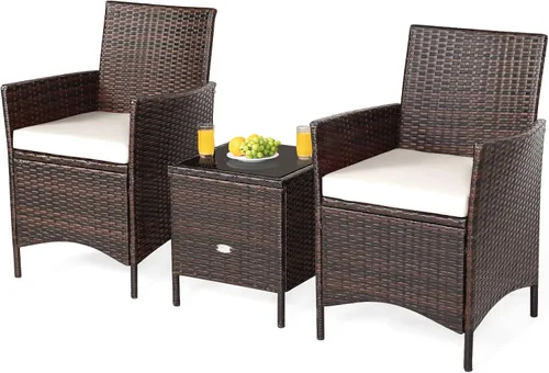 Miniatura 8 de Juego de muebles de patio de 3 piezas, muebles de mimbre para exteriores con cojín resistente al agua y mesa superior de vidrio templado, juego