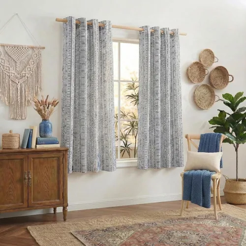 Miniatura 11 de NICETOWN Cortinas bohemias de lino transparente para sala de estar, cortinas semitransparentes de granja con patrón de rayas bohemias, cortinas Gris