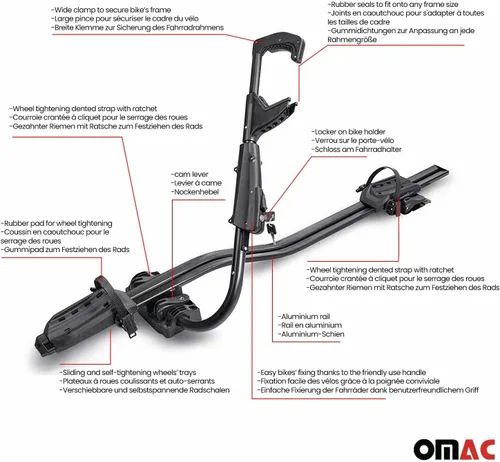 Miniatura 5 de OMAC Soporte para bicicleta de montaje en techo para coche, portador de bicicleta, universal, con cerradura negra