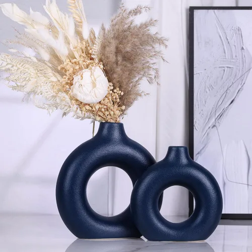 Miniatura 3 de Juego de jarrones de cerámica azul – 2 jarrones circulares de dona para decoración de estilo rústico o de granja, detalles azules modernos para sala
