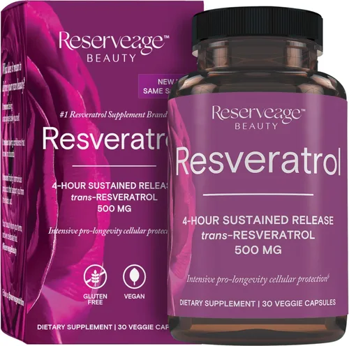 Reserveage Beauty, Resveratrol 500 mg, suplemento antioxidante para la salud del corazón y celular, apoya el envejecimiento saludable y el sistema