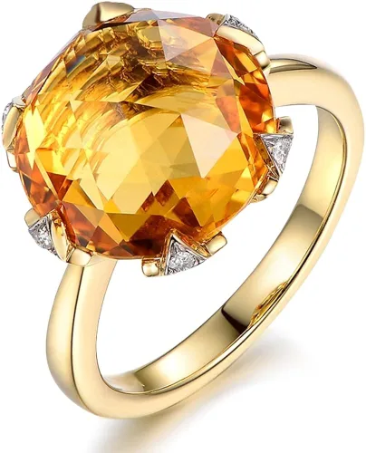 Raro anillo de citrino natural de 7,8 quilates con diamantes de Sudáfrica de 5 puntos, oro amarillo macizo de 14 quilates, anillos de compromiso