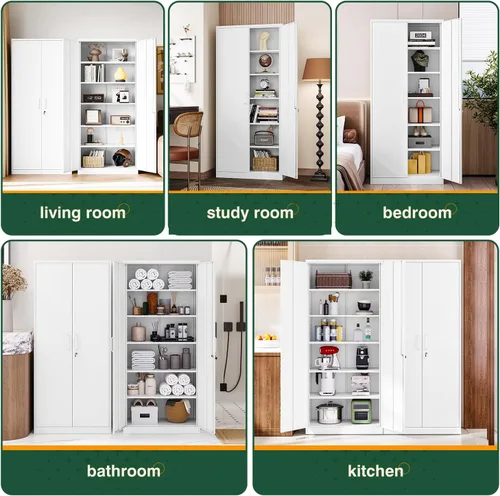 Miniatura 7 de Letaya Armario de almacenamiento de metal blanco con cerradura-71 armarios de despensa de metal altos, 5 estantes ajustables y puerta para el hogar