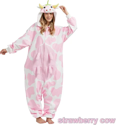 Miniatura 3 de BETIFUHOM Pijama mameluco de vaca rosa animal unisex de una pieza Cosplay Halloween disfraz
